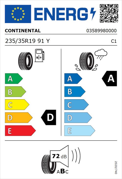 Tyre Label for Continental ContiSportContact 5 P 235/35R19 91Y