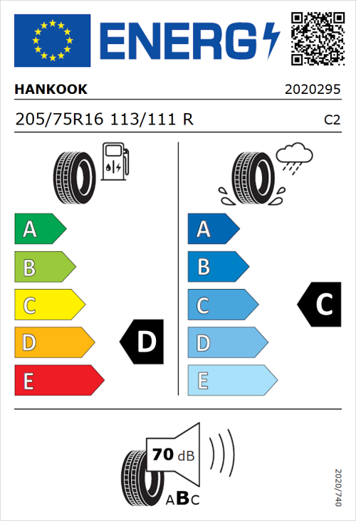 Tyre Label for Hankook Vantra LT RA18 205/75R16 113/111R