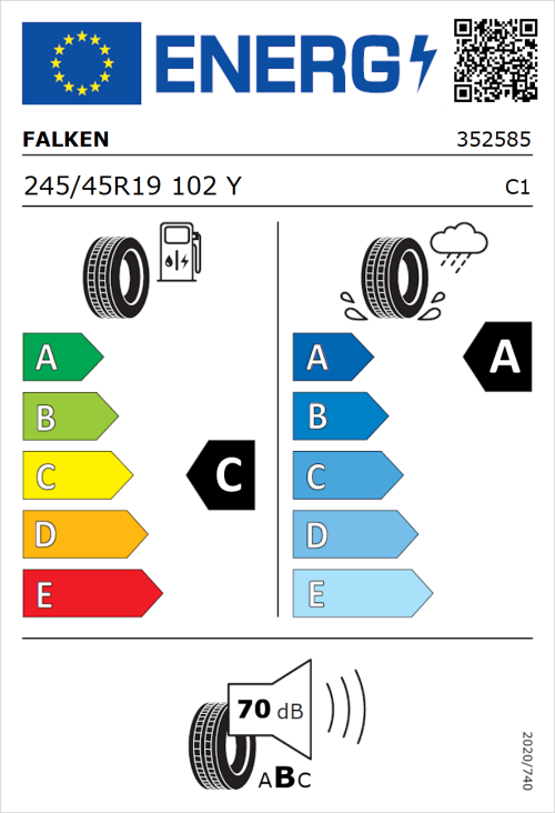 Tyre Label for Falken Azenis FK520 245/45R19 102Y