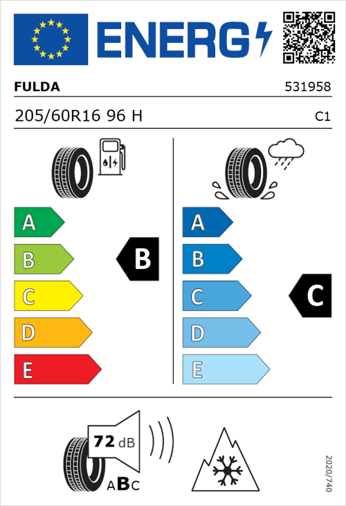 Tyre Label for Fulda Kristall Control HP2 205/60R16 96H
