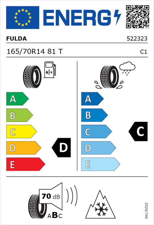 Tyre Label for Fulda Kristall Montero 3 165/70R14 81T