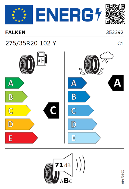 Tyre Label for Falken Azenis FK520 275/35R20 102Y