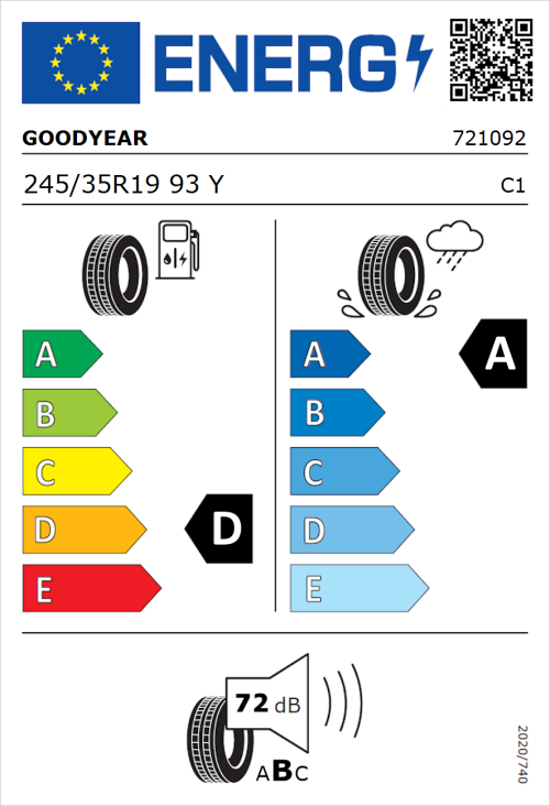 Tyre Label for Goodyear Eagle F1 SuperSport 245/35R19 93Y