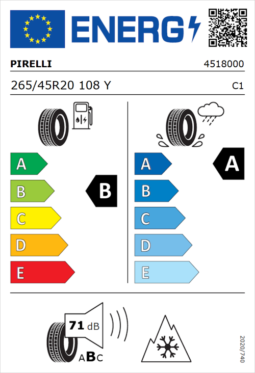Tyre Label for Pirelli Scorpion All Season SF3 265/45R20 108Y