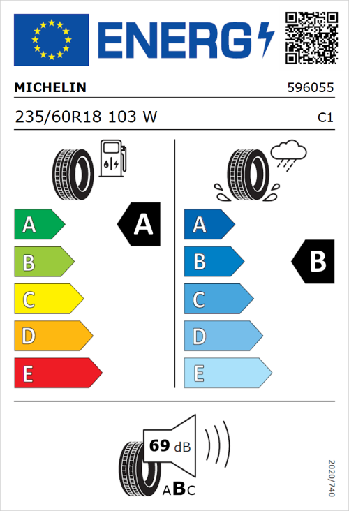 Tyre Label for Michelin e.primacy 235/60R18 103W