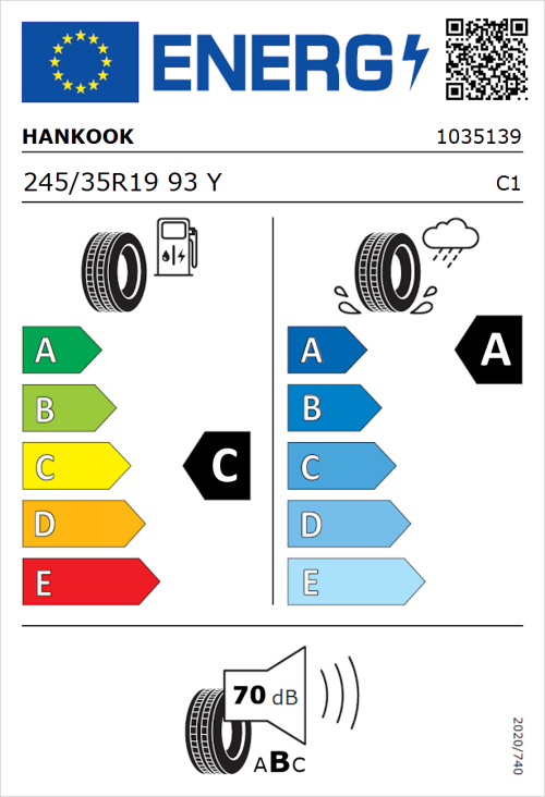 Tyre Label for Hankook Ventus Evo (K137) 245/35R19 93Y