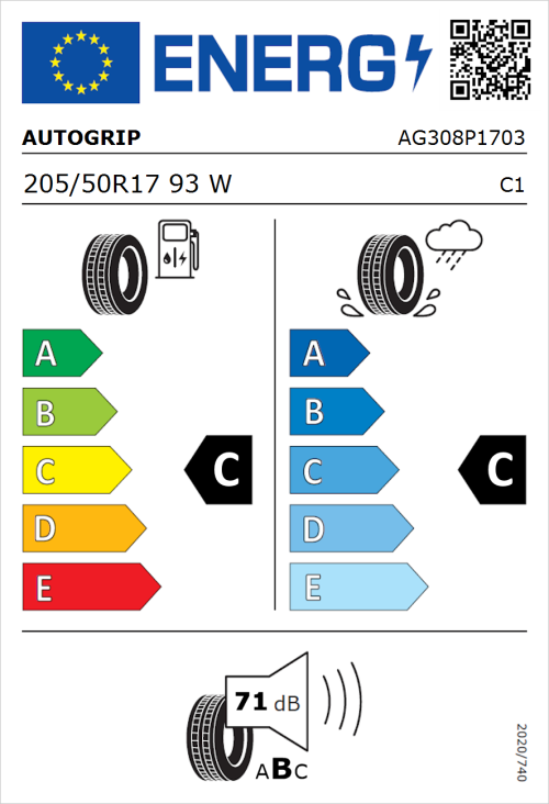 Tyre Label for Autogrip P308 205/50R17 93W